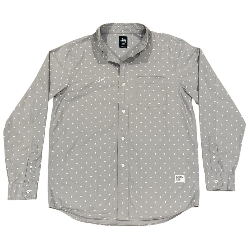 Stussy Grey & White All Over Polka Dot Long Sleeve Button Up Dress Shirt Size M